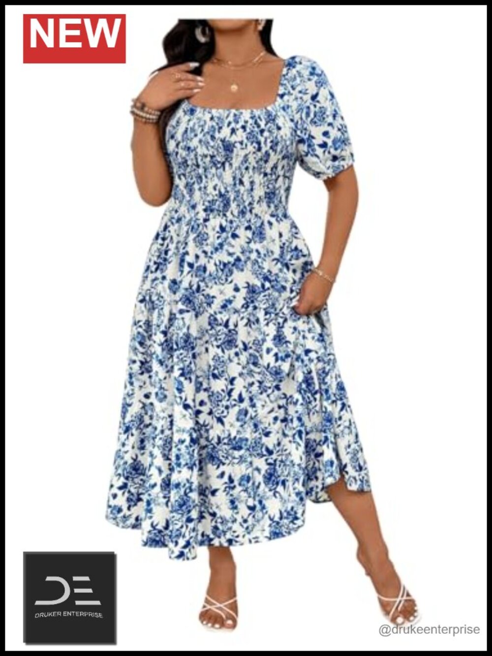 Plus Size Floral Puff Sleeve Flowy Dress Square Neck Ruffle Hem Vacation